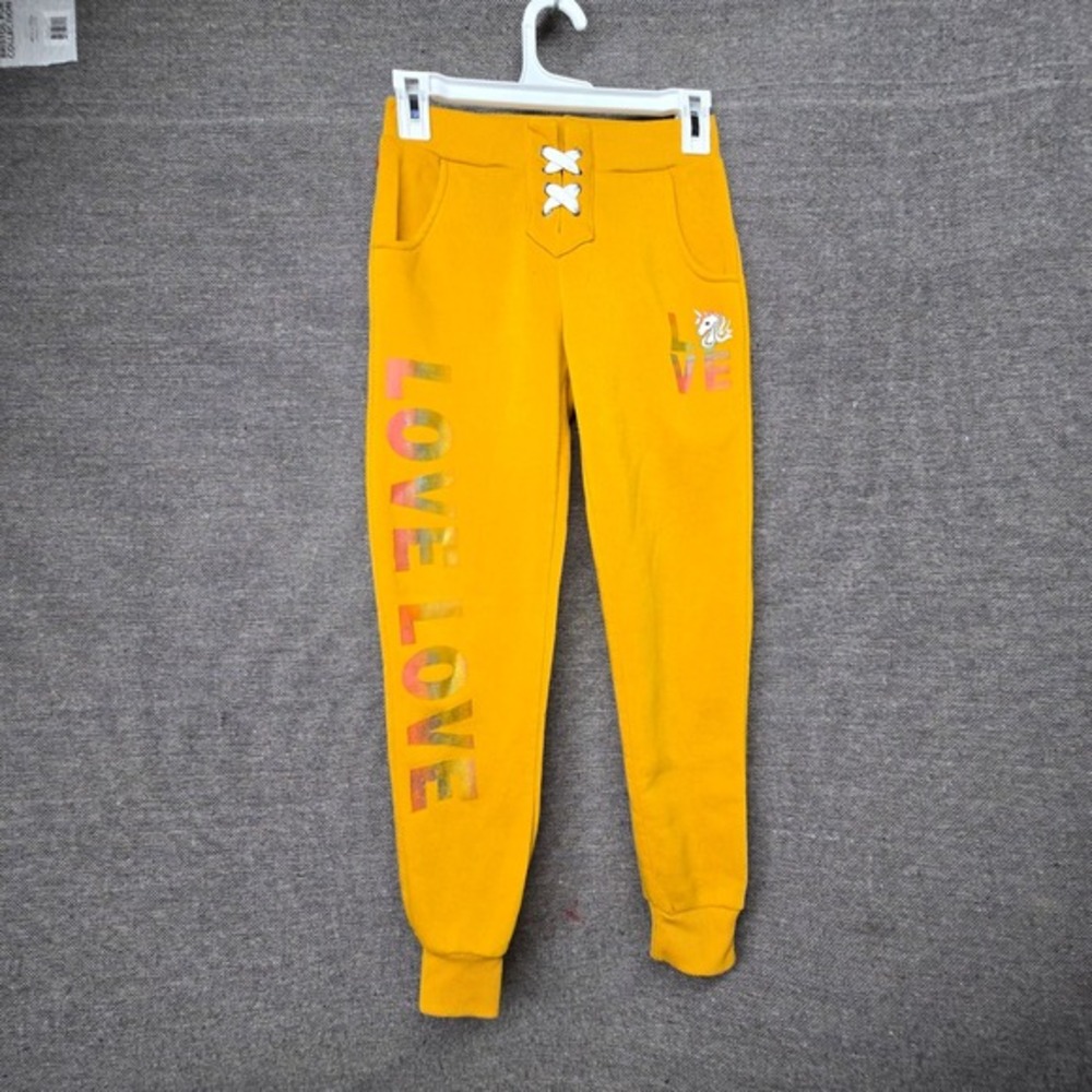 Girls Yellow Love Unicorn Graphic Joggers Sweatpant Lace Up Waistband Size 10/12